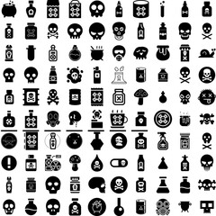 Collection Of 100 Poison Icons Set Isolated Solid Silhouette Icons Including Symbol, Poison, Sign, Skull, Danger, Toxic, Chemical Infographic Elements Vector Illustration Logo