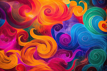 some colorful swirls on a black background with red, orange and blue colors in the middle part of the image. Generative Ai