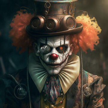 Creepy Steampunk Clown. Generative AI.
A digital portrait of a creepy steampunk clown.  