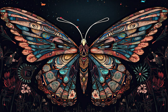 a butterfly with colorful patterns on it's wings and wings are all over the entire body, as well. Generative Ai