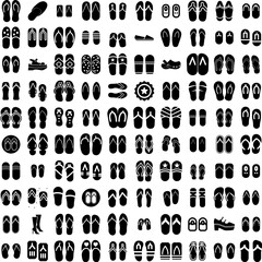 Collection Of 100 Sandals Icons Set Isolated Solid Silhouette Icons Including Beach, Sandals, Summer, Footwear, Background, White, Fashion Infographic Elements Vector Illustration Logo
