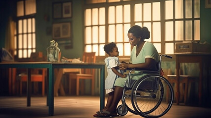 Generative A.I. african nurse sitting in a wheelchair taking care of an african child, healthcare theme, indoors, hospital, africa, prefessional occupation, patient