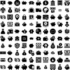 Collection Of 100 Savings Icons Set Isolated Solid Silhouette Icons Including Business, Illustration, Save, Finance, Icon, Vector, Money Infographic Elements Vector Illustration Logo