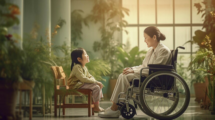 Fototapeta na wymiar Generative A.I. asian nurse sitting in a wheelchair taking care of an Asian child, healthcare theme, indoors, hospital, africa, prefessional occupation, patient