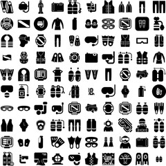 Collection Of 100 Scuba Icons Set Isolated Solid Silhouette Icons Including Scuba, Sport, Ocean, Sea, Diver, Underwater, Water Infographic Elements Vector Illustration Logo - obrazy, fototapety, plakaty