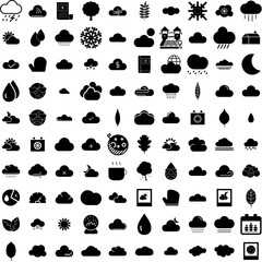 Collection Of 100 Seasons Icons Set Isolated Solid Silhouette Icons Including Abstract, Design, Graphic, Background, Season, White, Summer Infographic Elements Vector Illustration Logo