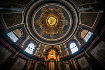 Fototapeta premium the inside of a church with an ornate ceiling and stained glass windows in the center is a gold - colored dome. Generative Ai