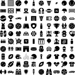 Collection Of 100 Sports Icons Set Isolated Solid Silhouette Icons Including Vector, Sport, Design, Competition, Background, Football, Game Infographic Elements Vector Illustration Logo