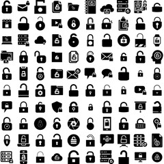 Collection Of 100 Unlocked Icons Set Isolated Solid Silhouette Icons Including Unlock, Lock, Open, Safe, Icon, Vector, Password Infographic Elements Vector Illustration Logo