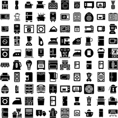 Collection Of 100 Appliance Icons Set Isolated Solid Silhouette Icons Including Refrigerator, Set, Domestic, Kitchen, Household, Home, Equipment Infographic Elements Vector Illustration Logo