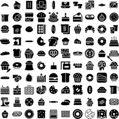 Collection Of 100 Bakery Icons Set Isolated Solid Silhouette Icons Including Shop, Pastry, Food, Design, Cafe, Bakery, Bread Infographic Elements Vector Illustration Logo