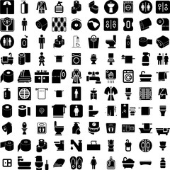 Collection Of 100 Bathroom Icons Set Isolated Solid Silhouette Icons Including Modern, Bathroom, Bath, White, Design, Home, Interior Infographic Elements Vector Illustration Logo