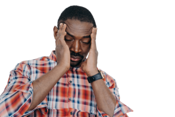 Tired upset african american man suffer headache with his head in his hands. Stress at work, burnout