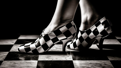 Close-up of female legs in high heels dancing tango on a checkered floor. Black and white image. Generative AI. - obrazy, fototapety, plakaty