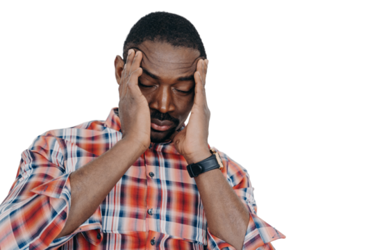 Tired upset african american man suffer headache with his head in his hands. Stress at work, burnout