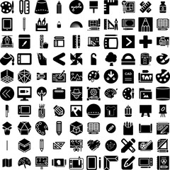 Collection Of 100 Drawing Icons Set Isolated Solid Silhouette Icons Including Line, Design, Vector, Drawing, Sketch, Doodle, Background Infographic Elements Vector Illustration Logo