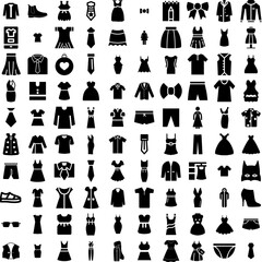 Collection Of 100 Dress Icons Set Isolated Solid Silhouette Icons Including Fashion, Female, Woman, Dress, Style, Beautiful, Girl Infographic Elements Vector Illustration Logo