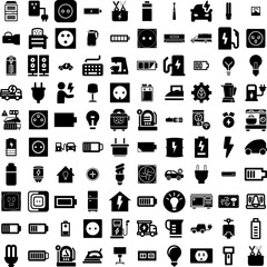 Collection Of 100 Electric Icons Set Isolated Solid Silhouette Icons Including Vehicle, Power, Car, Technology, Energy, Station, Electricity Infographic Elements Vector Illustration Logo