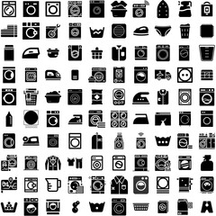 Collection Of 100 Laundry Icons Set Isolated Solid Silhouette Icons Including Wash, Machine, Home, Housework, Laundry, Clothes, Clean Infographic Elements Vector Illustration Logo