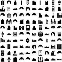 Collection Of 100 Tower Icons Set Isolated Solid Silhouette Icons Including Famous, Tower, Tourism, Travel, Landmark, Architecture, Europe Infographic Elements Vector Illustration Logo