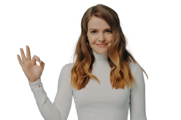 Cheerful young european woman showing okay gesture isolated over pastel blue studio wall