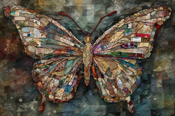 a butterfly made out of different types of papers and other things that are scattered on the surface in this image. Generative Ai - obrazy, fototapety, plakaty