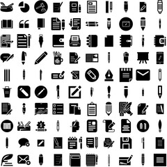 Collection Of 100 Write Icons Set Isolated Solid Silhouette Icons Including Write, Pen, Paper, Education, Writer, Business, Office Infographic Elements Vector Illustration Logo