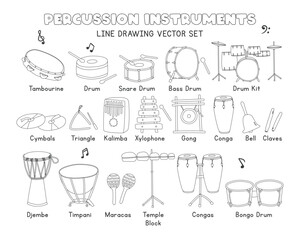 Musical percussion instruments line drawing vector set. Brass instruments tambourine, snare drum, cymbals, conga, djembe clipart cartoon style, line art hand drawn