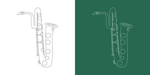 Bass saxophone line drawing cartoon style. Brass instrument bass saxophone clipart drawing in linear style isolated on white and chalkboard background. Musical wind instrument clipart concept, vector 