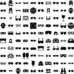 Collection Of 100 Glasses Icons Set Isolated Solid Silhouette Icons Including Style, View, Optical, Eyesight, Eyeglasses, Eye, Glasses Infographic Elements Vector Illustration Logo