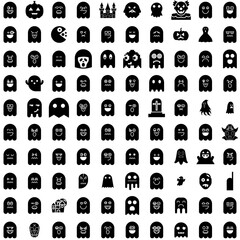 Collection Of 100 Ghost Icons Set Isolated Solid Silhouette Icons Including White, Scary, Ghost, Death, Horror, Halloween, Spooky Infographic Elements Vector Illustration Logo