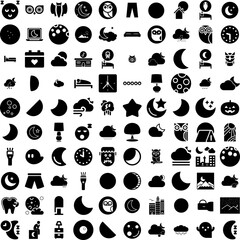 Collection Of 100 Night Icons Set Isolated Solid Silhouette Icons Including Dark, Star, Light, Blue, Sky, Background, Night Infographic Elements Vector Illustration Logo