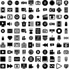 Collection Of 100 Multimedia Icons Set Isolated Solid Silhouette Icons Including Technology, Multimedia, Media, Computer, Film, Movie, Video Infographic Elements Vector Illustration Logo