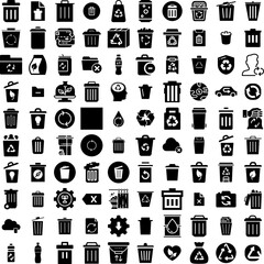 Collection Of 100 Recycle Icons Set Isolated Solid Silhouette Icons Including Symbol, Recycle, Recycling, Environment, Icon, Ecology, Reuse Infographic Elements Vector Illustration Logo