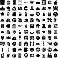 Collection Of 100 Restaurant Icons Set Isolated Solid Silhouette Icons Including Food, Table, Business, Restaurant, Cafe, People, Meal Infographic Elements Vector Illustration Logo