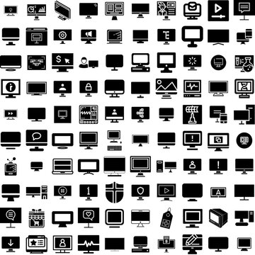 Collection Of 100 Monitor Icons Set Isolated Solid Silhouette Icons Including Business, Computer, Technology, Monitor, Display, Screen, Isolated Infographic Elements Vector Illustration Logo