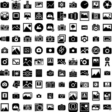 Collection Of 100 Photograph Icons Set Isolated Solid Silhouette Icons Including Design, Camera, Photography, Photo, Picture, Photograph, Background Infographic Elements Vector Illustration Logo