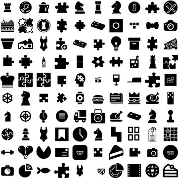 Collection Of 100 Piece Icons Set Isolated Solid Silhouette Icons Including Puzzle, Design, Symbol, Piece, Jigsaw, White, Vector Infographic Elements Vector Illustration Logo