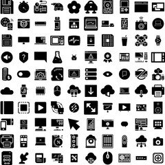 Collection Of 100 Technology Icons Set Isolated Solid Silhouette Icons Including Technology, Digital, Concept, Data, Internet, Communication, Network Infographic Elements Vector Illustration Logo