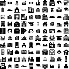 Collection Of 100 Building Icons Set Isolated Solid Silhouette Icons Including Building, Architecture, Office, Construction, City, Urban, Business Infographic Elements Vector Illustration Logo