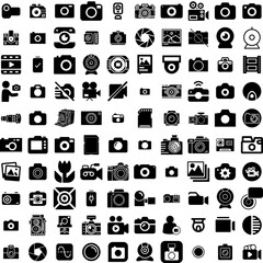 Collection Of 100 Camera Icons Set Isolated Solid Silhouette Icons Including Digital, Photography, Equipment, Photo, Camera, Illustration, Lens Infographic Elements Vector Illustration Logo