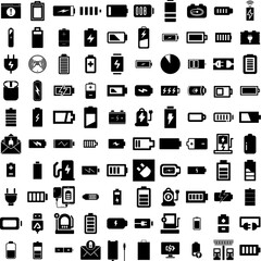 Collection Of 100 Charging Icons Set Isolated Solid Silhouette Icons Including Energy, Battery, Charger, Charge, Electric, Technology, Power Infographic Elements Vector Illustration Logo