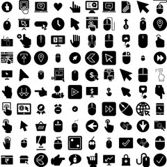 Collection Of 100 Click Icons Set Isolated Solid Silhouette Icons Including Icon, Vector, Hand, Pointer, Cursor, Internet, Click Infographic Elements Vector Illustration Logo