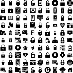 Collection Of 100 Locked Icons Set Isolated Solid Silhouette Icons Including Safe, Protection, Vector, Icon, Privacy, Lock, Padlock Infographic Elements Vector Illustration Logo