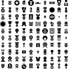 Collection Of 100 Medal Icons Set Isolated Solid Silhouette Icons Including Victory, Achievement, Medal, Award, Illustration, Winner, Champion Infographic Elements Vector Illustration Logo
