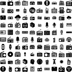 Collection Of 100 Radio Icons Set Isolated Solid Silhouette Icons Including Music, Audio, Technology, Media, Broadcast, Sound, Radio Infographic Elements Vector Illustration Logo