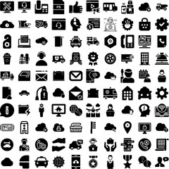 Collection Of 100 Service Icons Set Isolated Solid Silhouette Icons Including Service, Call, Person, Customer, Business, Support, Office Infographic Elements Vector Illustration Logo