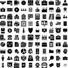 Collection Of 100 Business Icons Set Isolated Solid Silhouette Icons Including Business, Success, Office, Technology, Corporate, Teamwork, Communication Infographic Elements Vector Illustration Logo