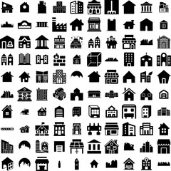 Collection Of 100 Building Icons Set Isolated Solid Silhouette Icons Including Office, City, Urban, Construction, Business, Architecture, Building Infographic Elements Vector Illustration Logo