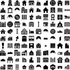 Collection Of 100 Building Icons Set Isolated Solid Silhouette Icons Including Architecture, Business, Construction, Urban, Office, Building, City Infographic Elements Vector Illustration Logo